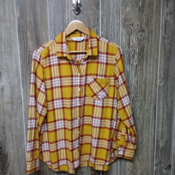 Old Navy Tops - Old Navy Flannel Plaid Shirt Womens Large Gold Red Yellow Chiefs Fan Harvest